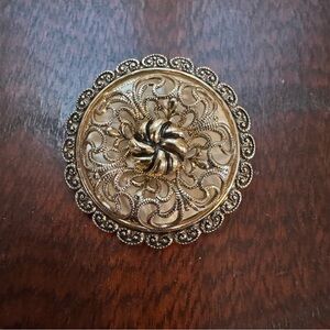 Vintage W Germany Gold Filigree Clip Brooch Ornate Round
